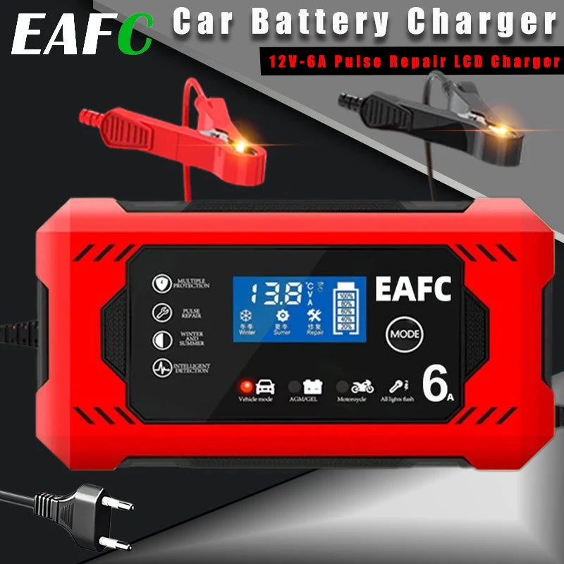 12V 6A Smart Car Battery Charger with LCD, Automatic Pulse Repair Charger for Car and Motorcycle