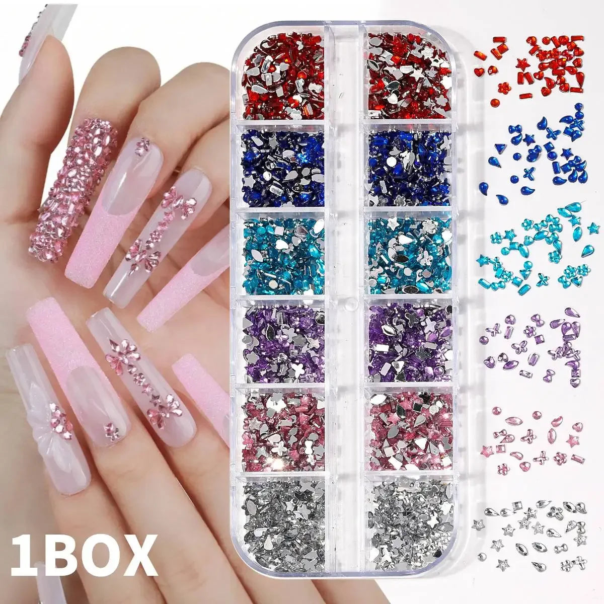 12Gird 3D Glass AB Crystal Nail Art Rhinestones Kit Flatback Round Bead Charm Gem Stones Jewelry Diamond with Tools for Nail Art