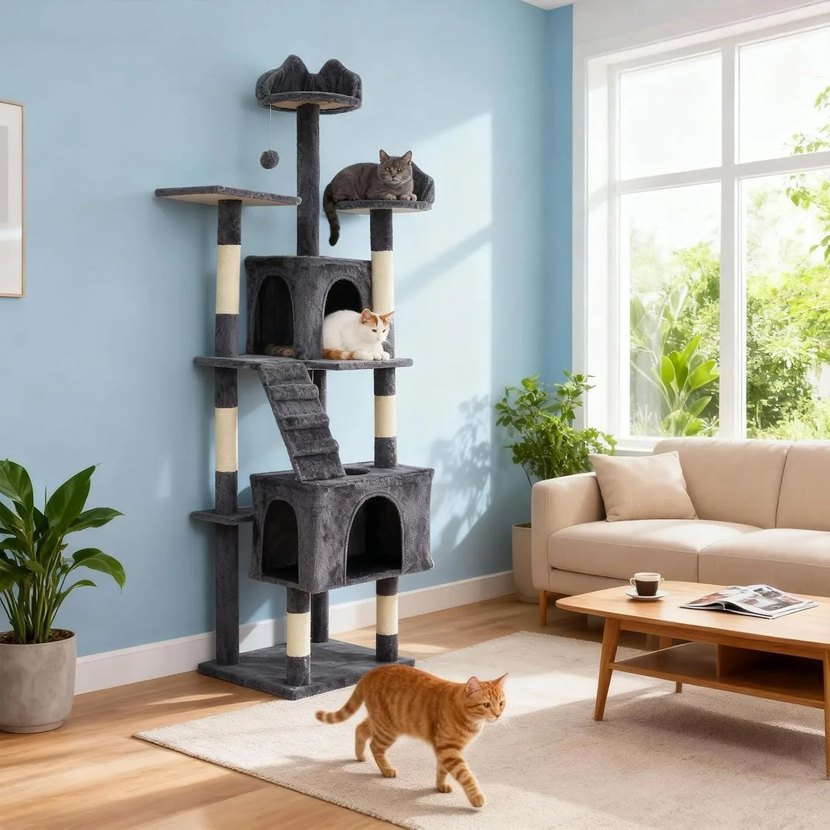 72 Inch Large Cat Tree Tower with Scratching Posts, Multi Level Cat Condo Furniture with Perches, Hammock & Toys, Stable Indoor Activity Center for Cats