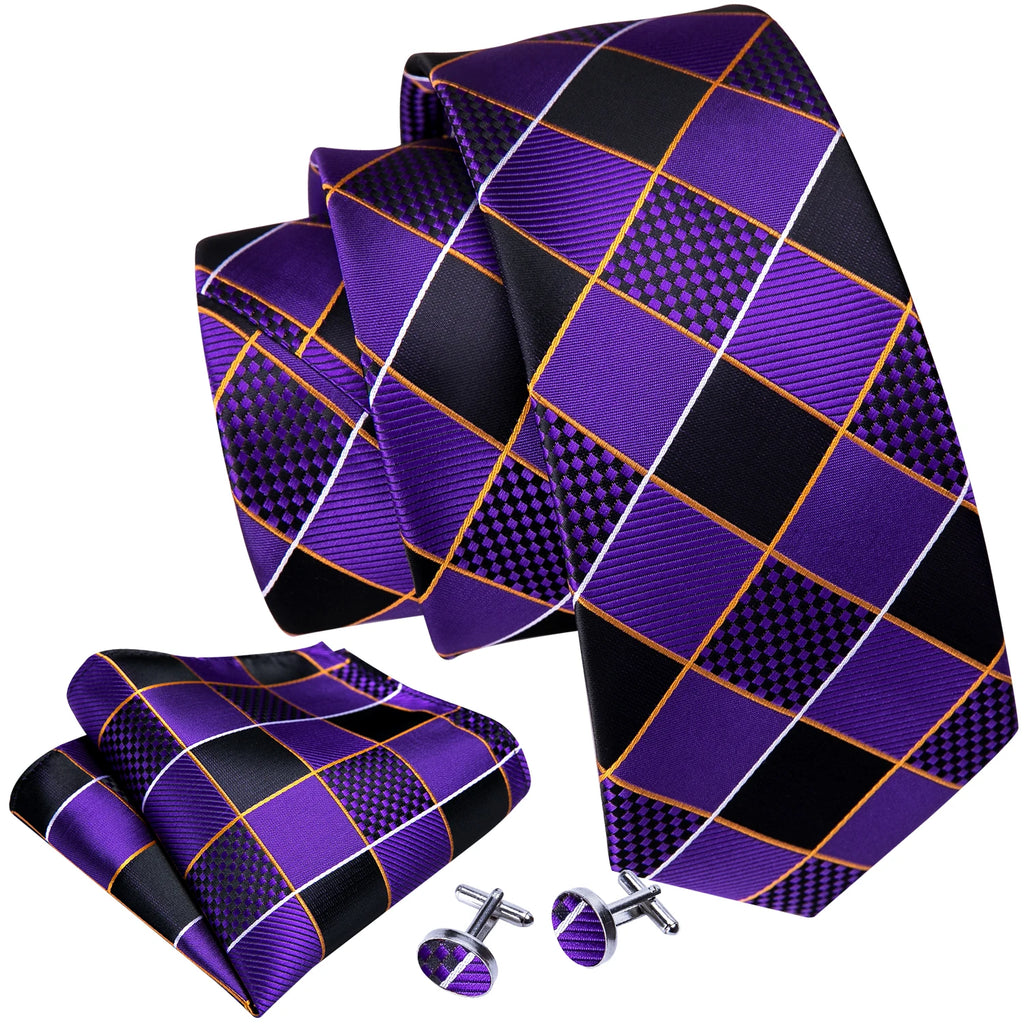 Designer Mens Tie Jacquard Necktie Pocket Square Cufflinks Set Purple Black Plaid for Male Men Wedding Busniess Party Ties Gift