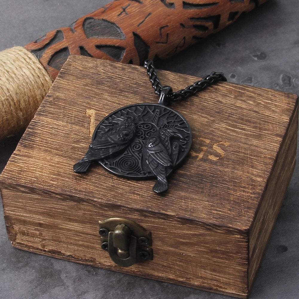 Black Norse Odin Huginn And Muninn Raven Pendant Necklace Stainless Steel Vintage Viking Tree of Life Necklace Amulet Jewelry