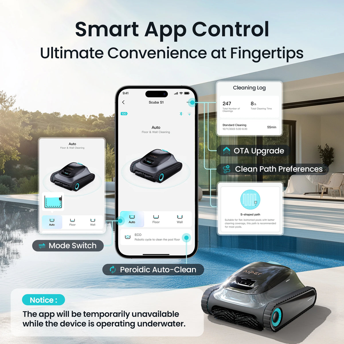 Refurbished Aiper Scuba S1 2026 Robotic Pool Cleaner, 270 Min Runtime, Floor/Wall/Waterline/Shallow Area Cleaning, Ultra-fine Filter, Smarter Navigation, High-Precision Sensors, App Support
