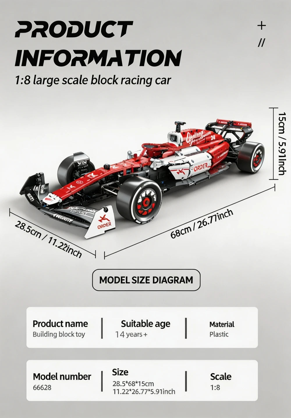 KAVOWORLD 1768pcs 27 Inches Large MOC Sports Race Car Building Blocks Set DIY Formula Red & White City Racing Car Bricks Model Kit 1:8 Construction Collection Ornament Building Toys with Realistic Suspension Steering Cockpit