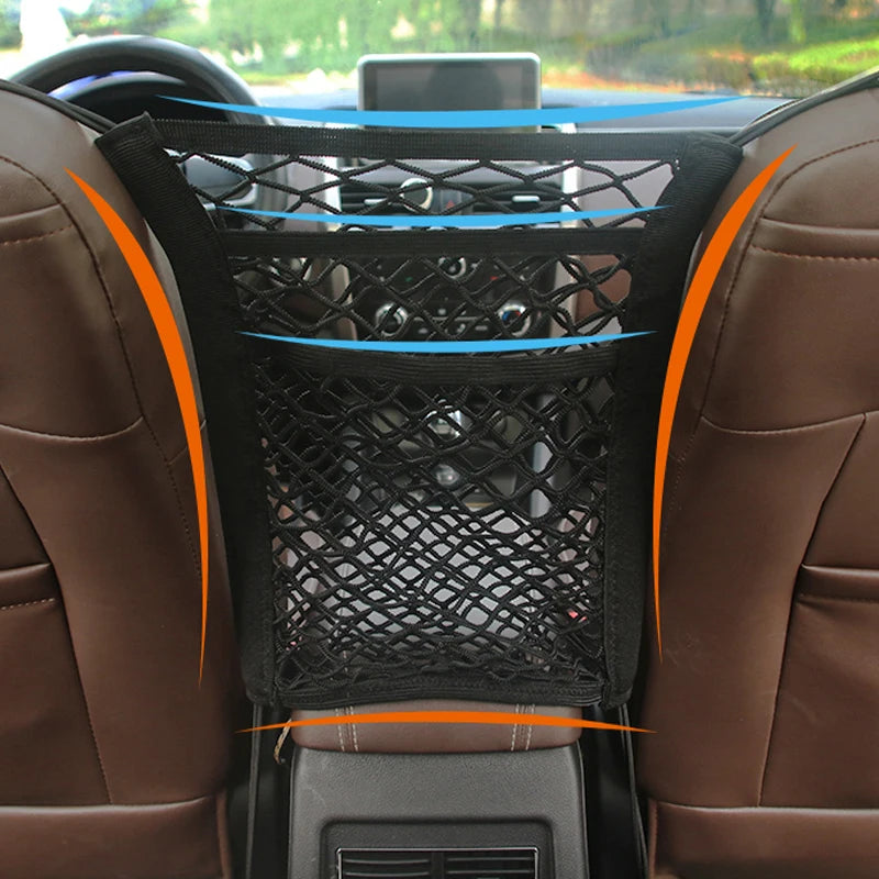 Car Seat Storage Net Bag and Pet Barrier, Stretchable Mesh Organizer Between Seats