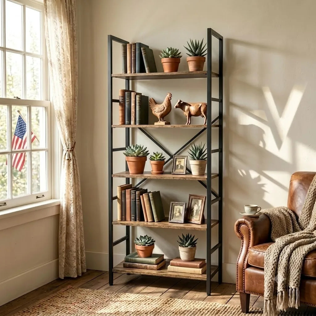 Bookshelf 5＆6 Tier Industrial Rustic Wood Bookcase Open Storage Shelving Unit Black Metal Frame Freestanding Display Rack Multipurpose Storage Organizer for Bedroom Living Room Office Kitchen Plant Decor