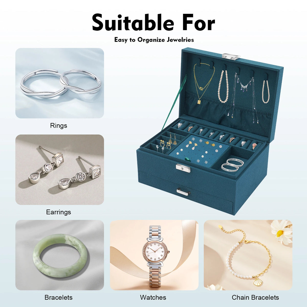 3-Tier Dark Green Jewelry Box Organizer with 15 Ring Slots 10 Earring Hooks 18 Stud Holes Drawers for Necklace Bracelet Watch