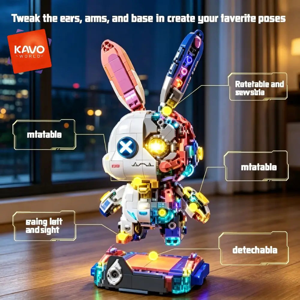 KAVOWORLD 1377PCS Robot Rabbit Building Blocks Set LED Light Up Multi-Point Rotatable Detachable Base DIY Cyberpunk Mecha Building Rabbit Bricks Kit Mechanical Bunny Construction Toy for Home Office Desk Decor Christmas Birth