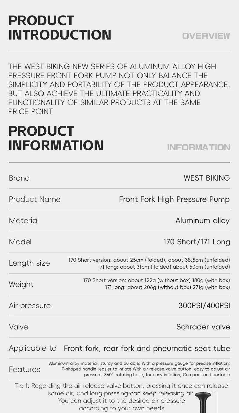 WEST BIKING 400PSI Bicycle Air Pump High Pressure MTB Bicycle Pump Front Fork Rear Suspension Pressure Gauge Schrader Valve