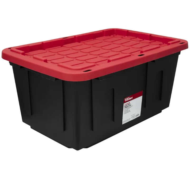 (6 pack/ 4pack) Large Storage Bin, 27 Gallon Plastic Storage Container with Snap-On Lid, Black and Red