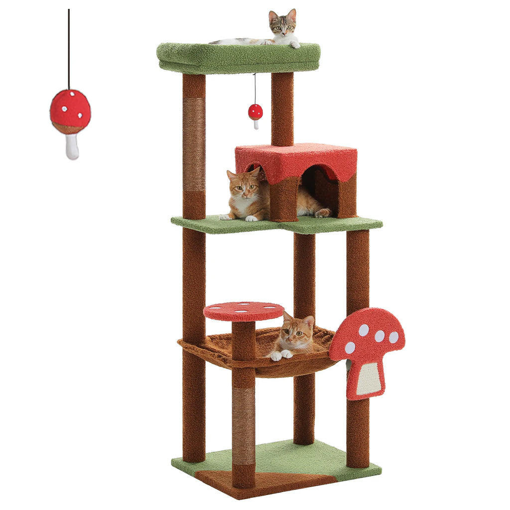 Multi-Level Cat Tree with Scratching Posts Removable Scratcher Large Cat Condo Hammock Mushroom Cat Tower for Indoor Cat Toys