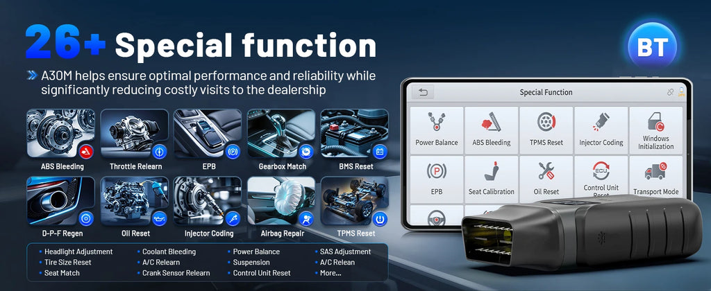 A30M V2.0 All System Car Diagnostic Tools Bluetooth OBD2 Scanner Active Test 26+ Reset CAN FD