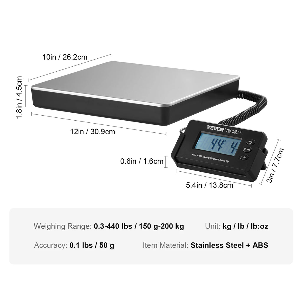 440lb Digital Shipping Scale with Timer and Tare, Portable Postal Package Scale with LCD