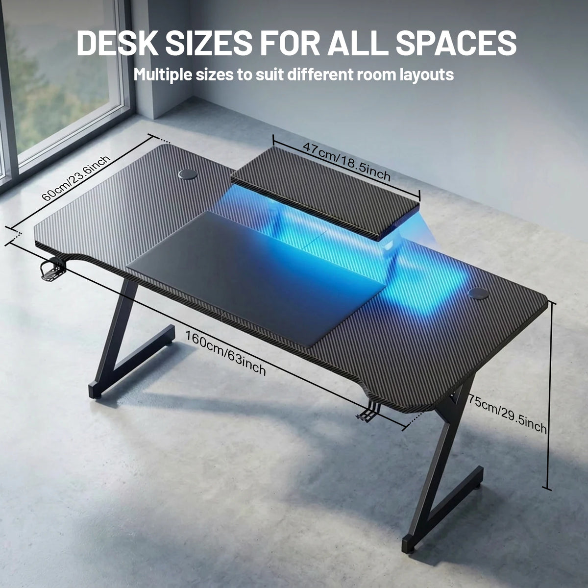 Ergonomic Gaming Desk with Elevated Monitor Riser Stand & Built-in LED Light Strip, Large Curved Carbon Fiber Surface Computer Desk