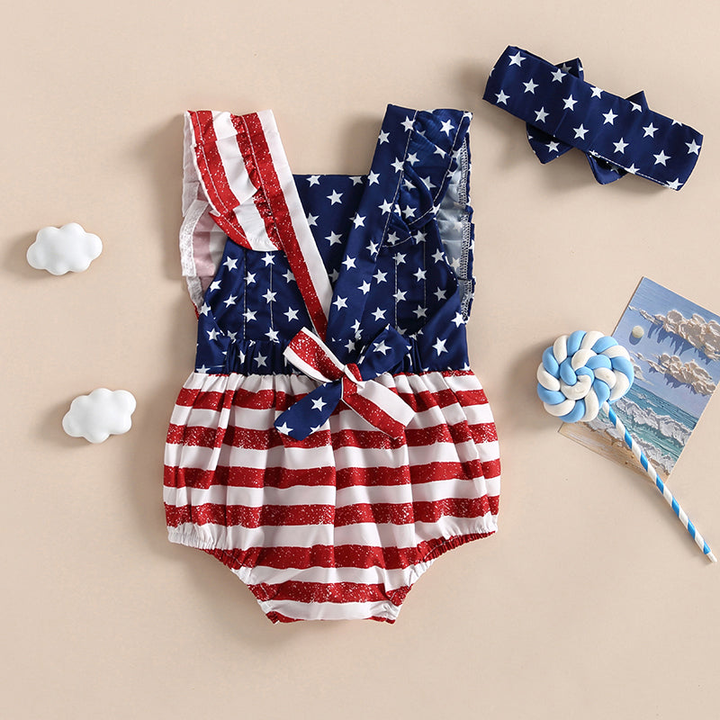 Infant Baby Girl Patriotic Ruffle Bodysuit and Headband Set, Sleeveless Summer Outfit
