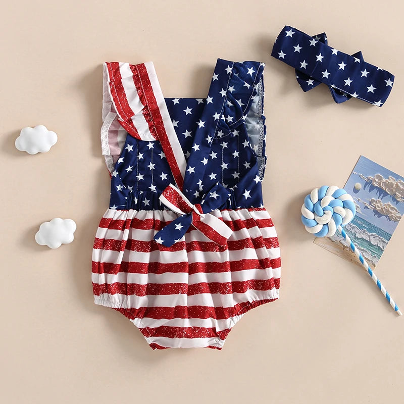 Infant Baby Girl Patriotic Ruffle Bodysuit and Headband Set, Sleeveless Summer Outfit