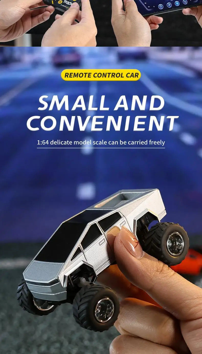 Hotfree 1/64 Mini RC Monster Cybertruck, All-Terrain Metal Off-Road Pickup with Trailer, 2.4GHz Remote & App Control, USB-C Rechargeable, Big Wheel Racing Toy, Perfect Birthday Christmas Gift for Kids, Boys & Collectors