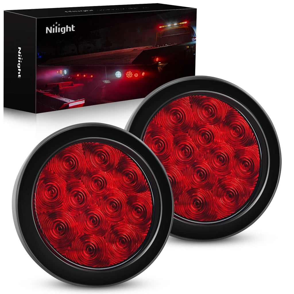 Nilight 4' Round Red LED Trailer Tail Lights with Surface Mount Grommet Plugs IP67 Stop Brake Turn Tail Lights for Truck Trailer RV Jeep 2PCS
