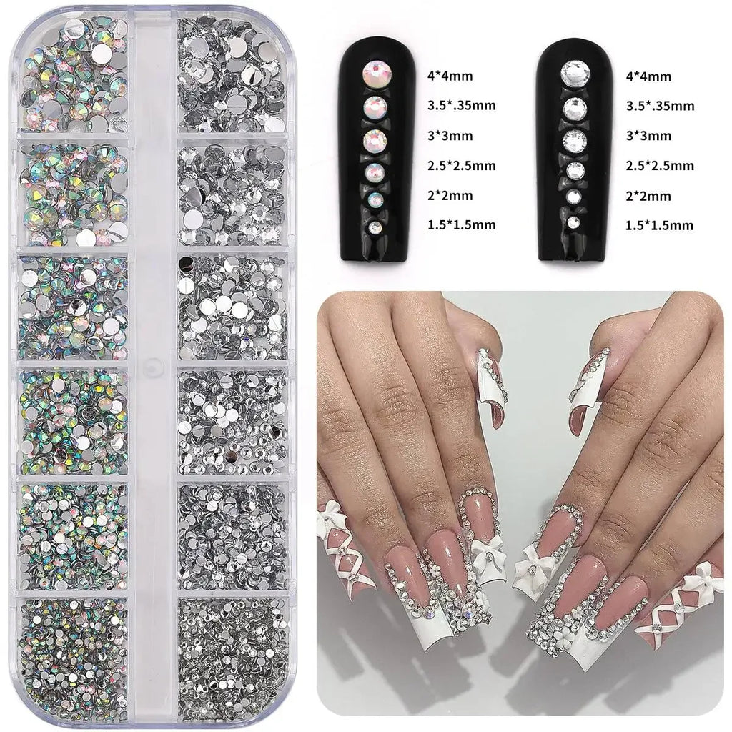 12Gird 3D Glass AB Crystal Nail Art Rhinestones Kit Flatback Round Bead Charm Gem Stones Jewelry Diamond with Tools for Nail Art
