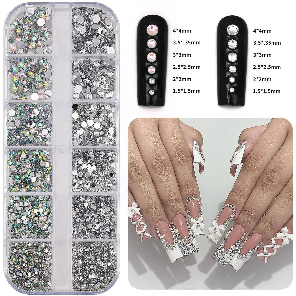 12Gird 3D Glass AB Crystal Nail Art Rhinestones Kit Flatback Round Bead Charm Gem Stones Jewelry Diamond with Tools for Nail Art