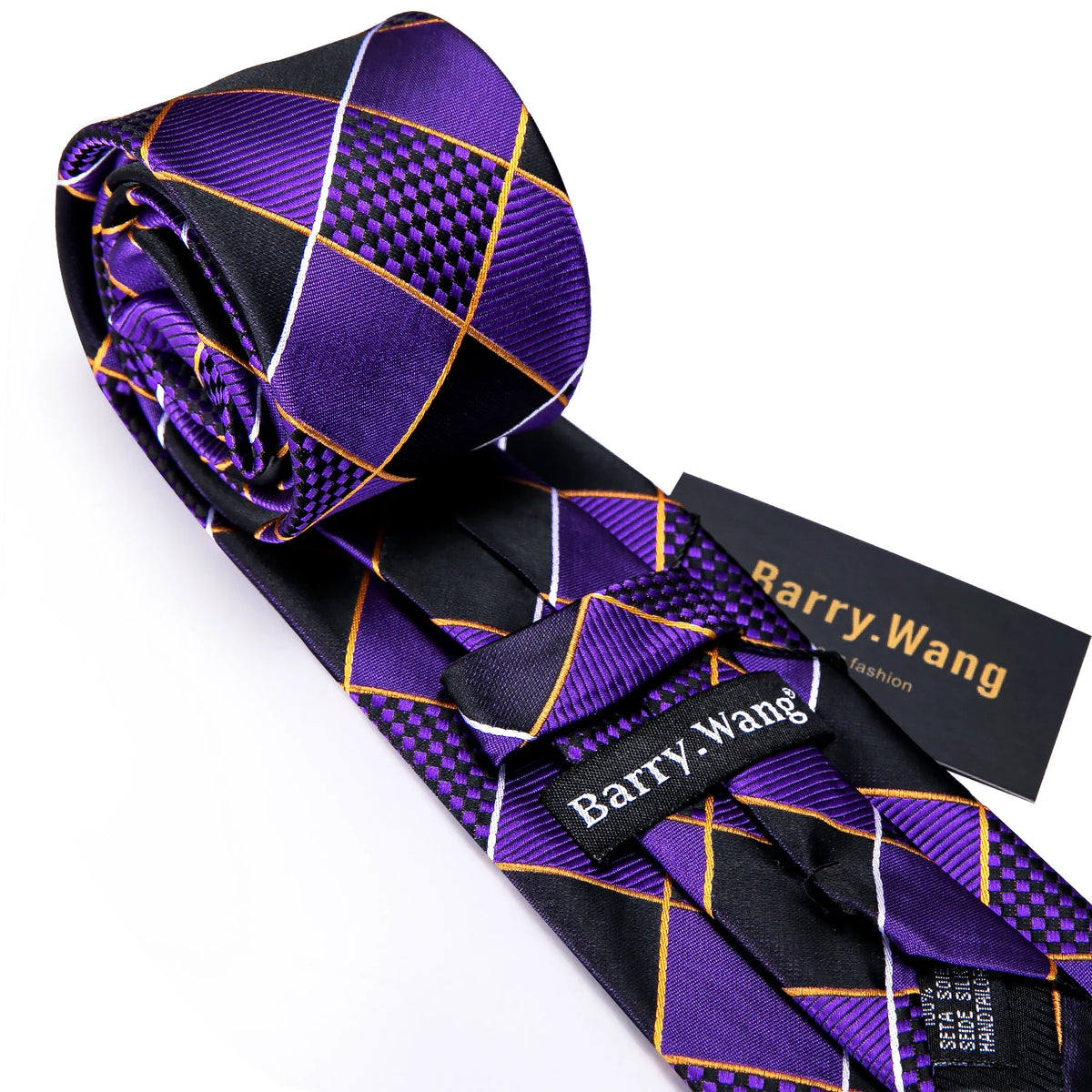 Designer Mens Tie Jacquard Necktie Pocket Square Cufflinks Set Purple Black Plaid for Male Men Wedding Busniess Party Ties Gift