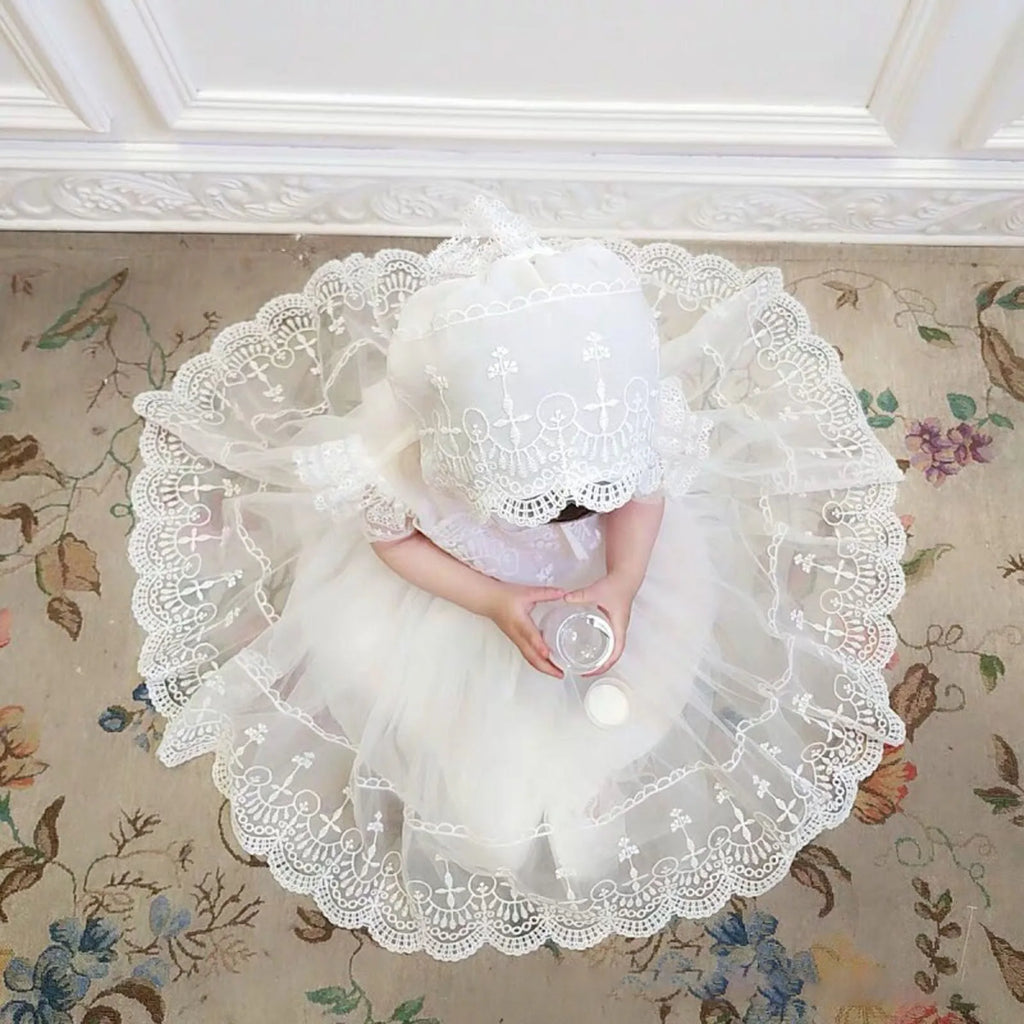 Baby Girl Lace Crochet Tulle Dress, Infant Christening and Special Occasion Ruffle Dress