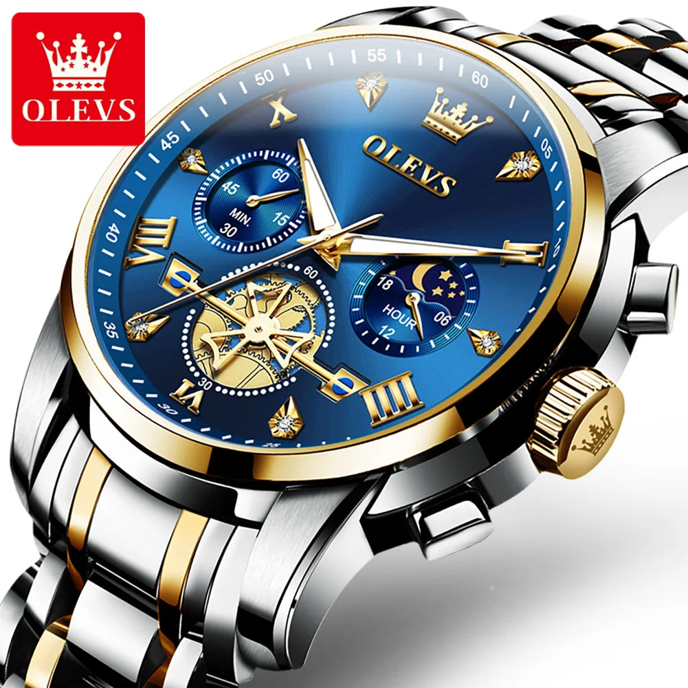 OLEVS Men's Skeleton Chronograph Watch with Moon Phase, Stainless Steel Quartz Wristwatch
