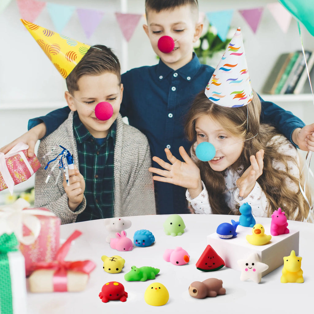 100 Pcs Mini Animals & Fruit Mochi Squishies for Kids Party Favor Toys Stress Relief Novelty Fidget Toys Birthday Gifts