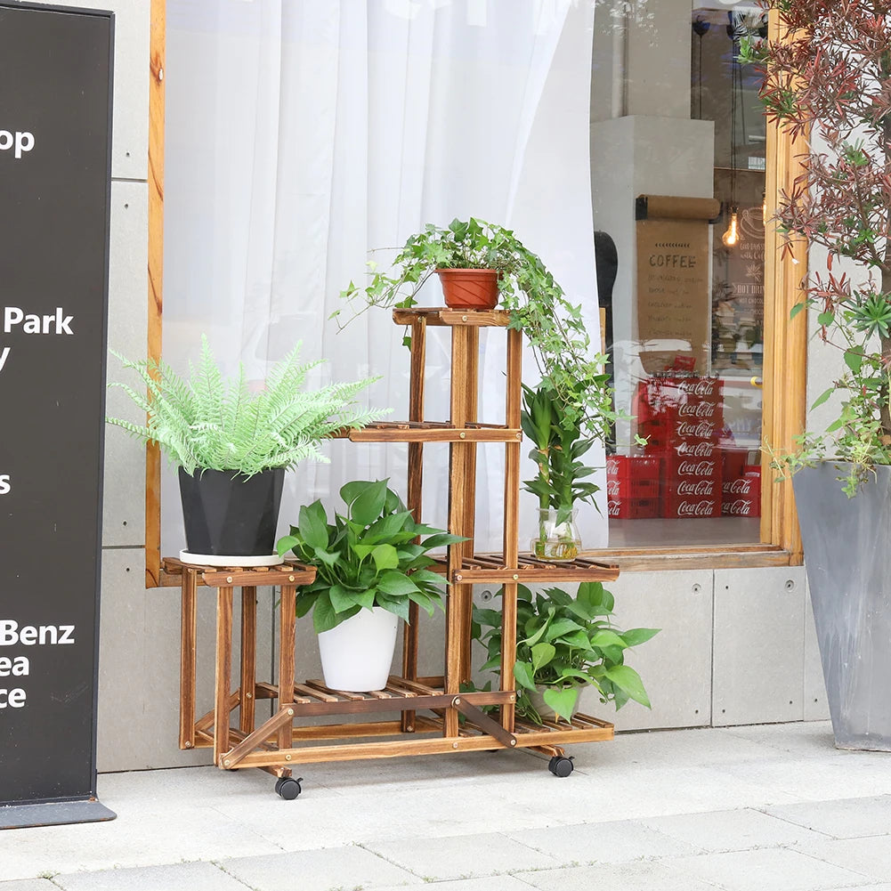 Rolling Multi-Layer Wood Plant Stand with Wheels