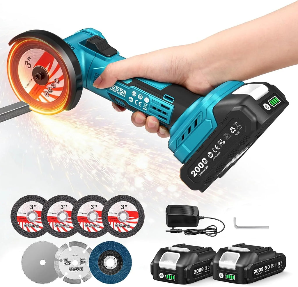 SEESII 3 Inch Brushless Angle Grinder 19000 RPM with 2pcs 21V 2.0Ah Batteries Cordless Mini Angle Grinder 7pcs Cutting Discs 210W Power Electric Grinder Tool for Metal Wood Polishing Rust Removal Repair Tool