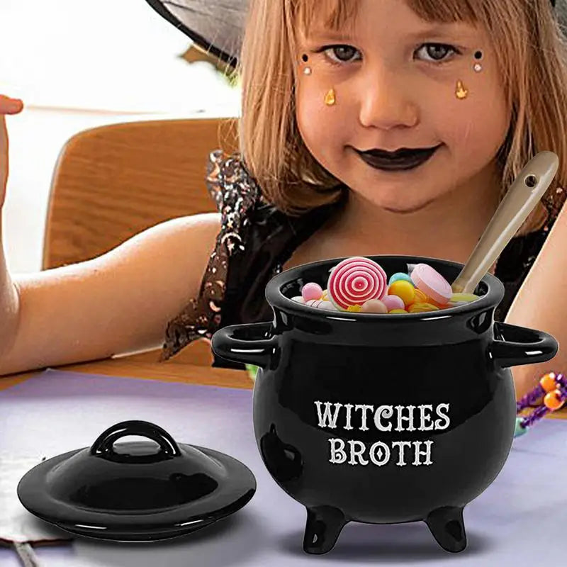 Halloween Witch Cauldron Ceramic Soup Bowl with Spoon, 650 ml