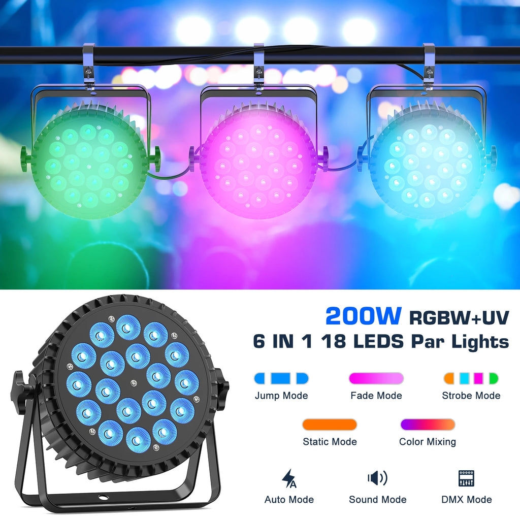 U'King 1/2/4Pcs 200W Par Lights RGBWA+UV 18 LEDs Stage Lights DMX512 Par Can DJ Lights For Wedding Party Disco KTV Bar Nightclub