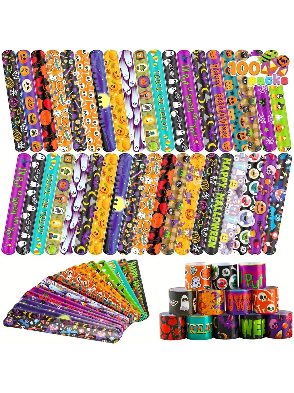 100 PCS Halloween Slap Bracelets for Kids, Halloween Bracelets Bulk for Girls Boys Gifts, Friendship Bracelets Snap Bracelets for Halloween Party Favors Goodie Bag Fillers