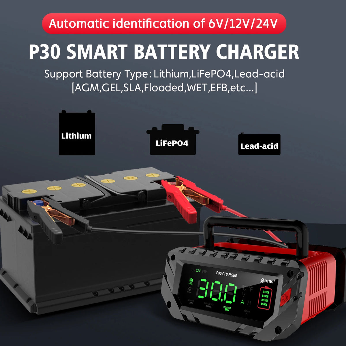 HTRC 30A/26A 6V/12V/24V Car Battery Charger for Motorcycle Lead-Acid SLA Gel Lithium LiFePo4 Portable Smart Battery Charger