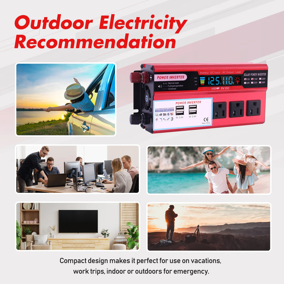 5000W Car Converter Power Inverter DC 12V To AC 110V Converter LCD 4 USB Ports and 110V AC Outlet Cigarette Lighter Battery