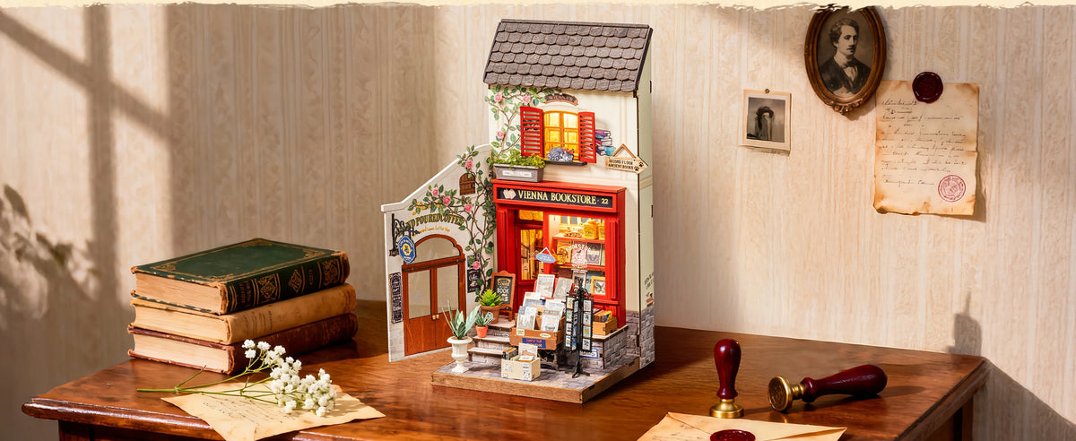 Rolife Wooden 3D Puzzle DIY Miniature House Kit Vienna Bookstore & Aromatic Coffee Cart Model Building Kit with LED Light for Home Decor Gift for Adults Teens