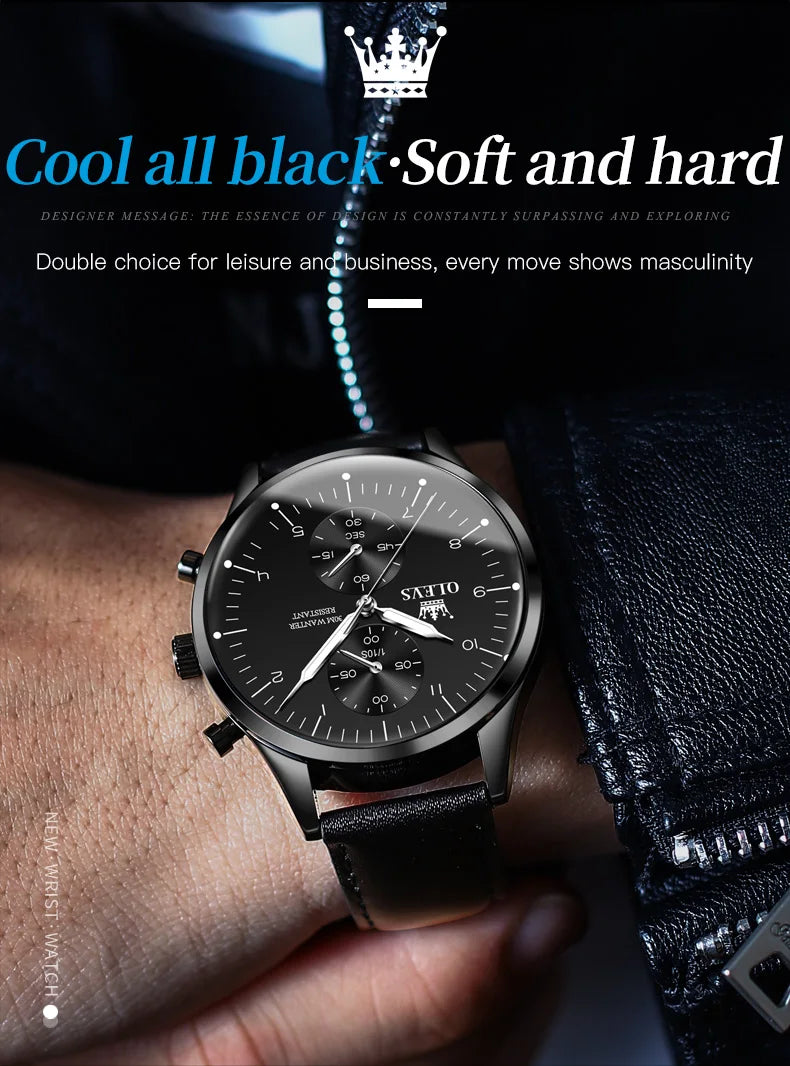OLEVS Men's Leather Strap Quartz Watch, Waterproof Business Watch with Date