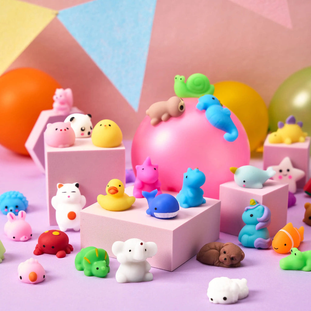 100 Pcs Mini Animals & Fruit Mochi Squishies for Kids Party Favor Toys Stress Relief Novelty Fidget Toys Birthday Gifts