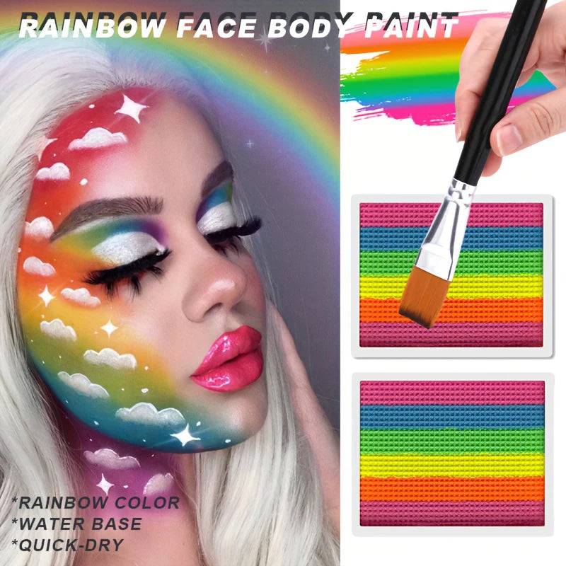 Rainbow Face and Body Paint Set-2pcs Split Cake Face Paint with Brush,Rainbow Face Painting Kit for Halloween Cosplay Art SFX