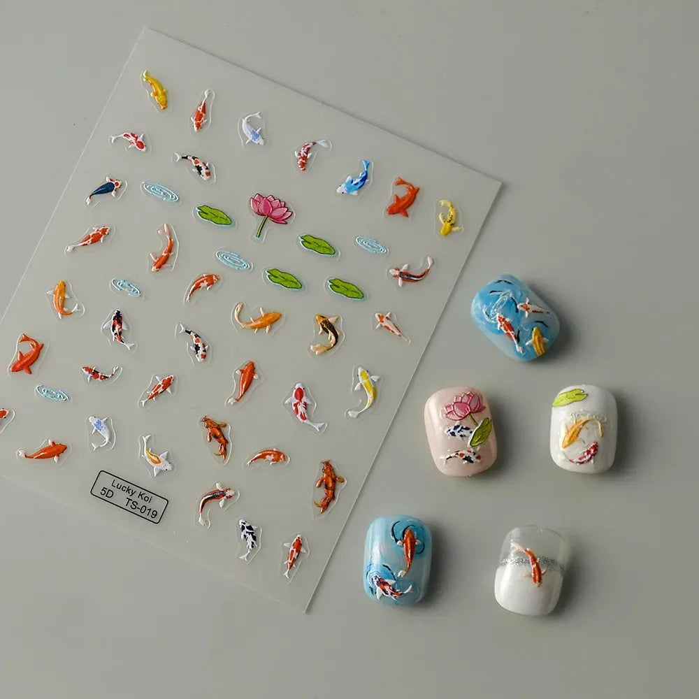5D Koi Fish Nail Stickers, Green Lotus and Red Carp Nail Art Decals