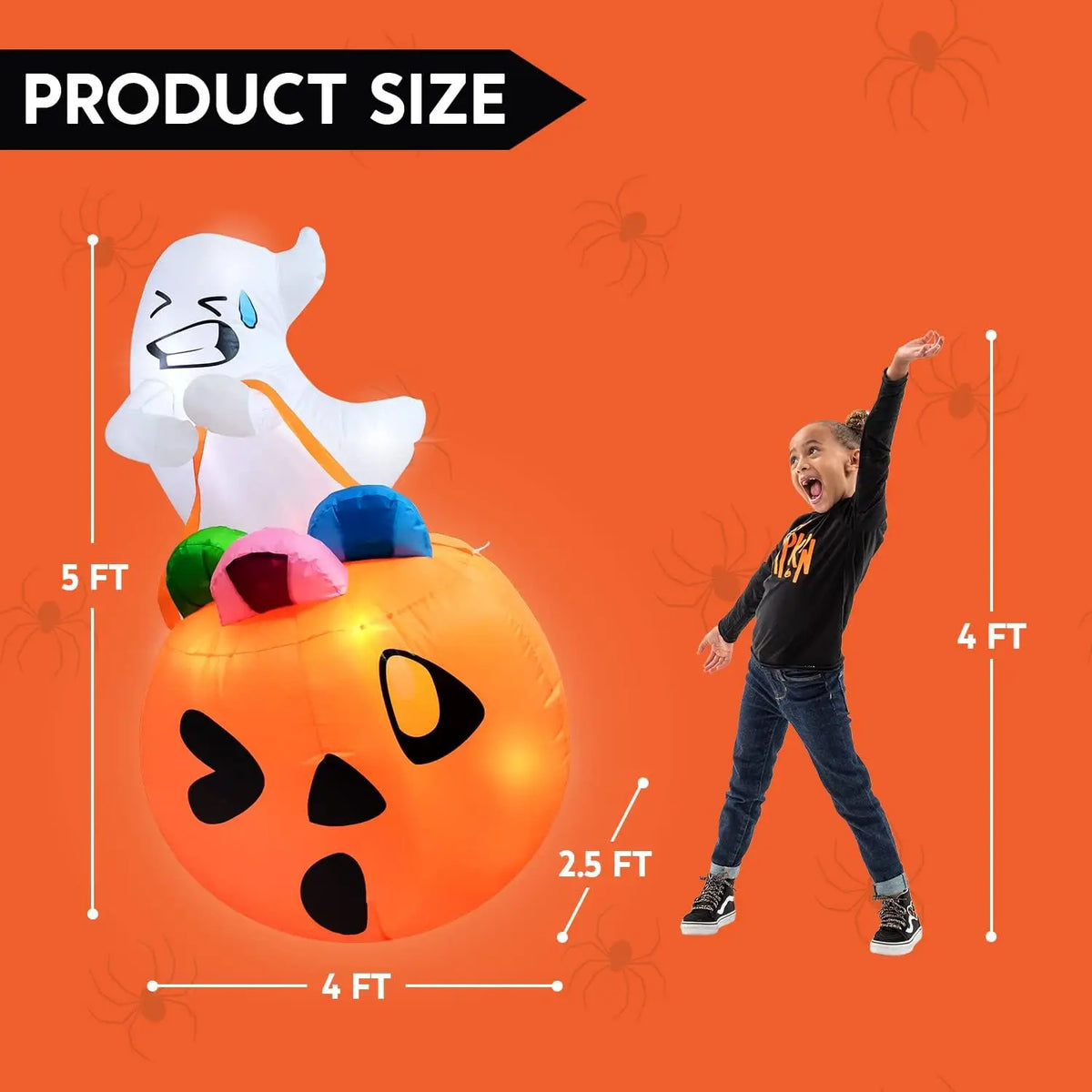 Halloween 5 ft Inflatable Ghost with Pumpkin Candy Bag, Built-In LEDs