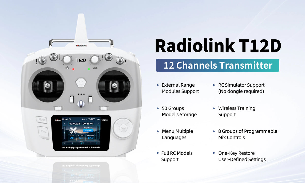 RadioLink T12D JR Module 12CH 2.4GHz RC Transmitter & R12F 8 Programmable Mix FHSS 50 Models 4KM for FPV Fixed Drone Car Boat