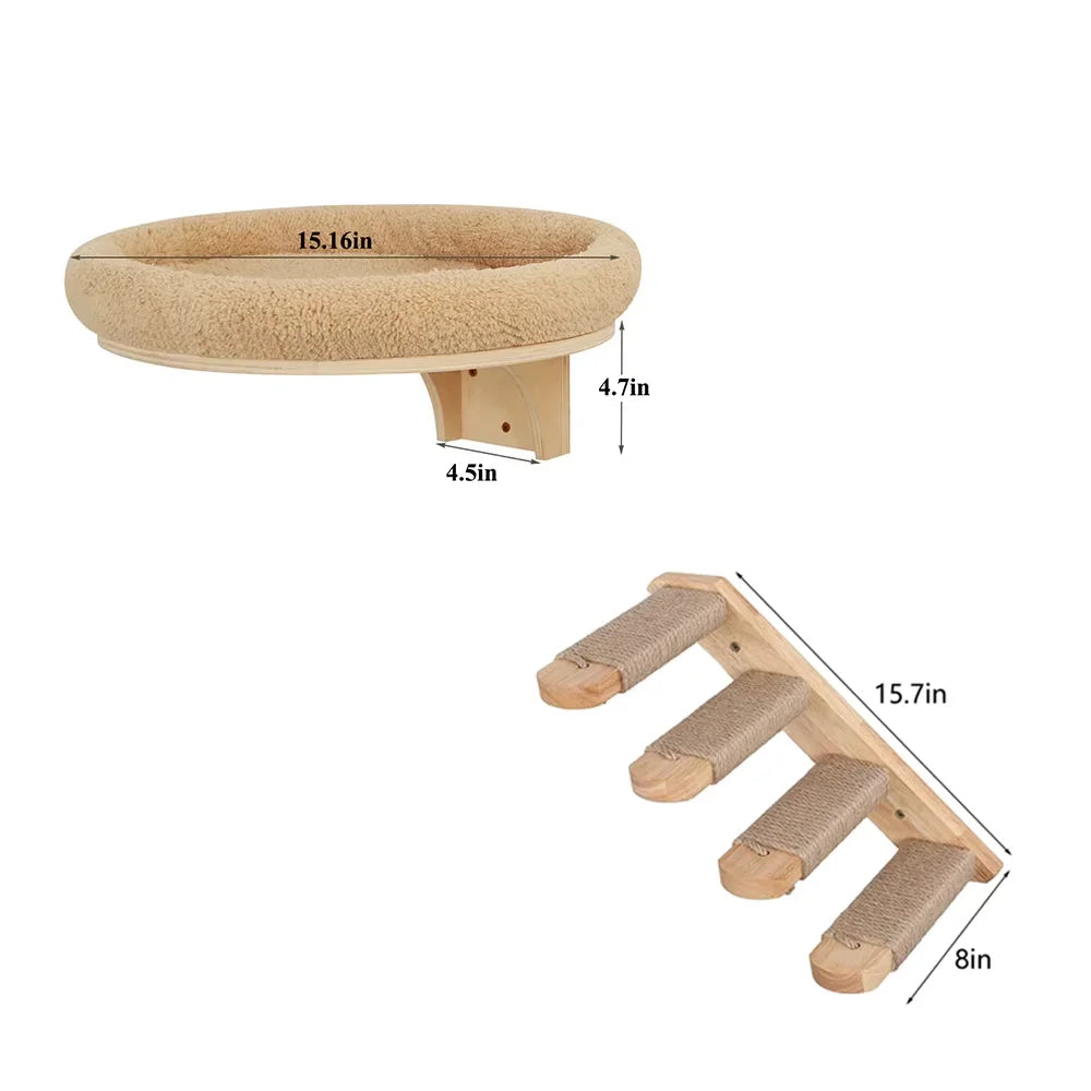 Wall-Mounted Wooden Cat Climbing Ladder with Hammock and Scratching Post