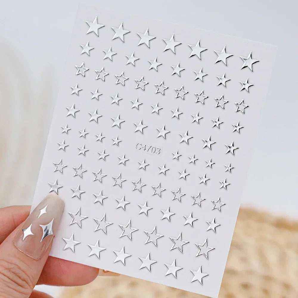 3D Silver Star & Heart Nail Stickers, 6 Sheets