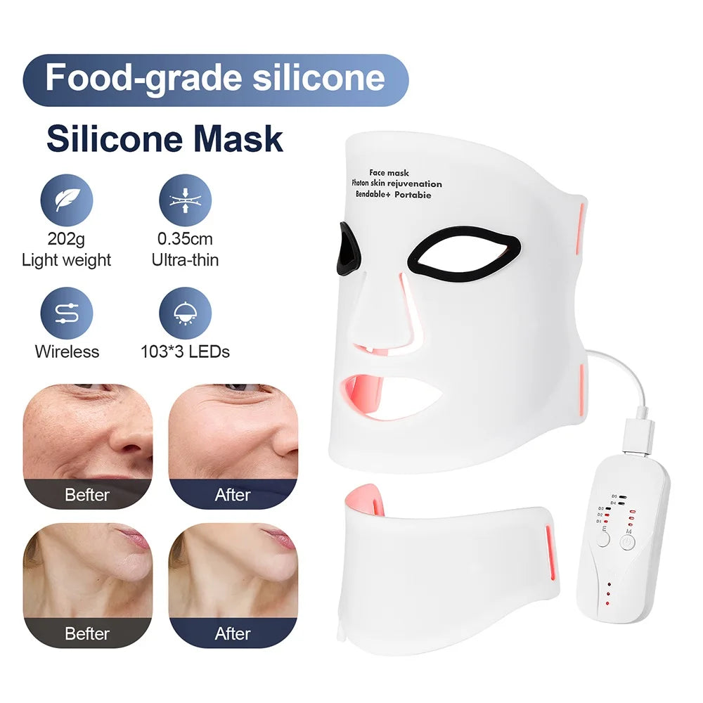 Silicone LED Face Neck Mask 7 Colors Red Light Infrared Photon Therapy Mask Flexible Wireless LED Beauty Mask for Skin Repair Rejuvenation Home Skin care