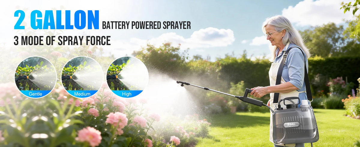 2 Gallon Battery Powered Sprayer, Electric Garden Sprayer with 3 Adjustable Pressure Levels, 4 Nozzles & Extendable Wand