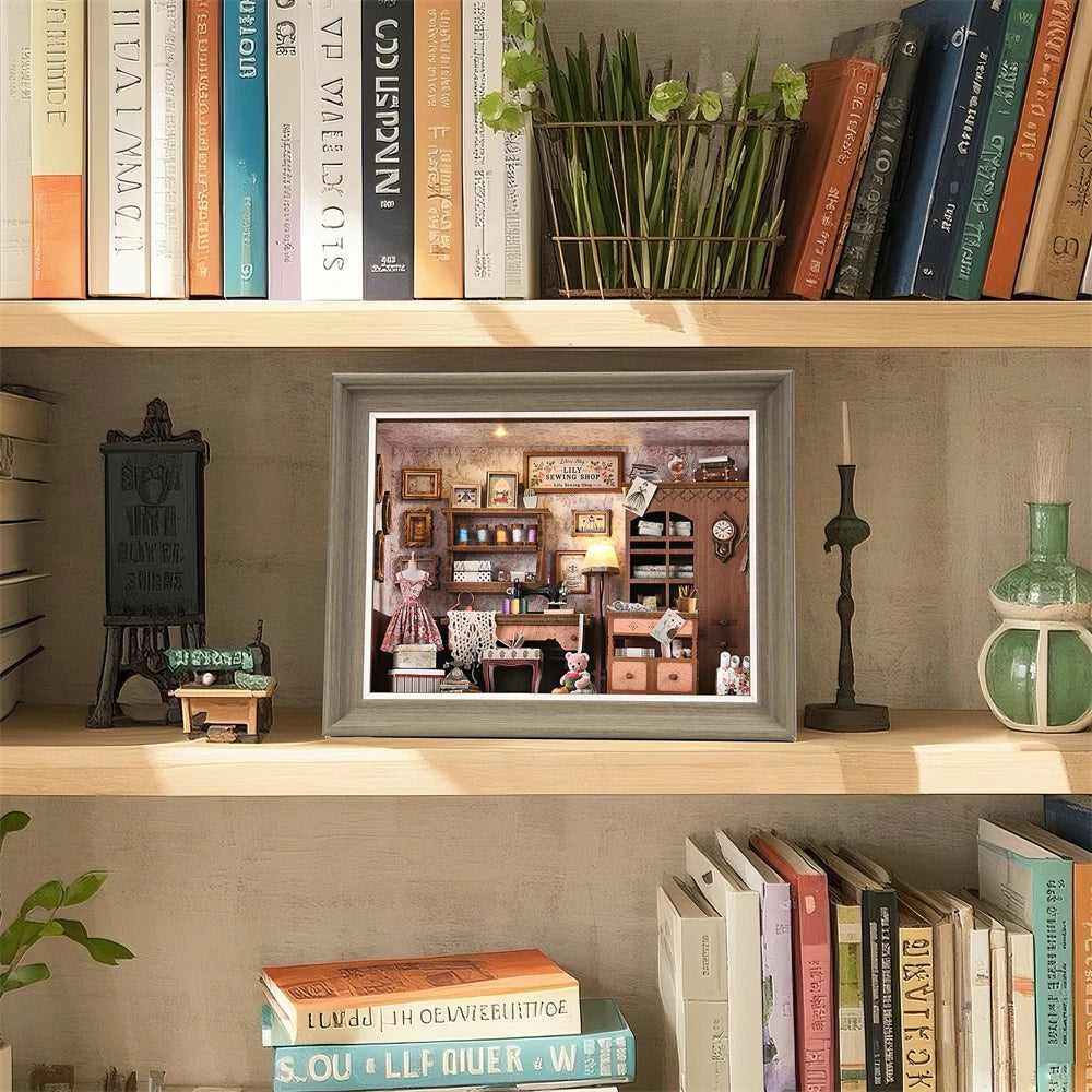 DIY Book Nook Kit, Tailor's Shop 3D Wooden Bookshelf Insert