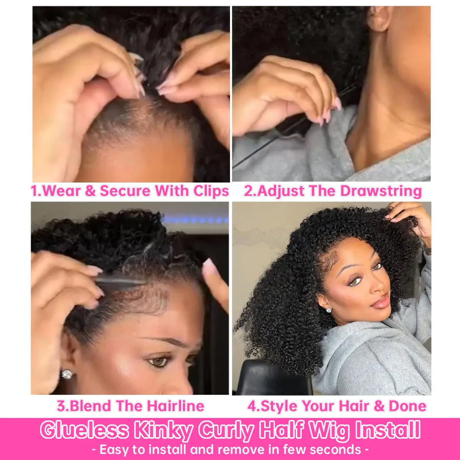 250 Density Kinky Curly Half Wig Double Drawn Invisible Drawstring Machine Made Wigs Human Hair Invisible Hairline Half Wig Natural Colored Ponytail