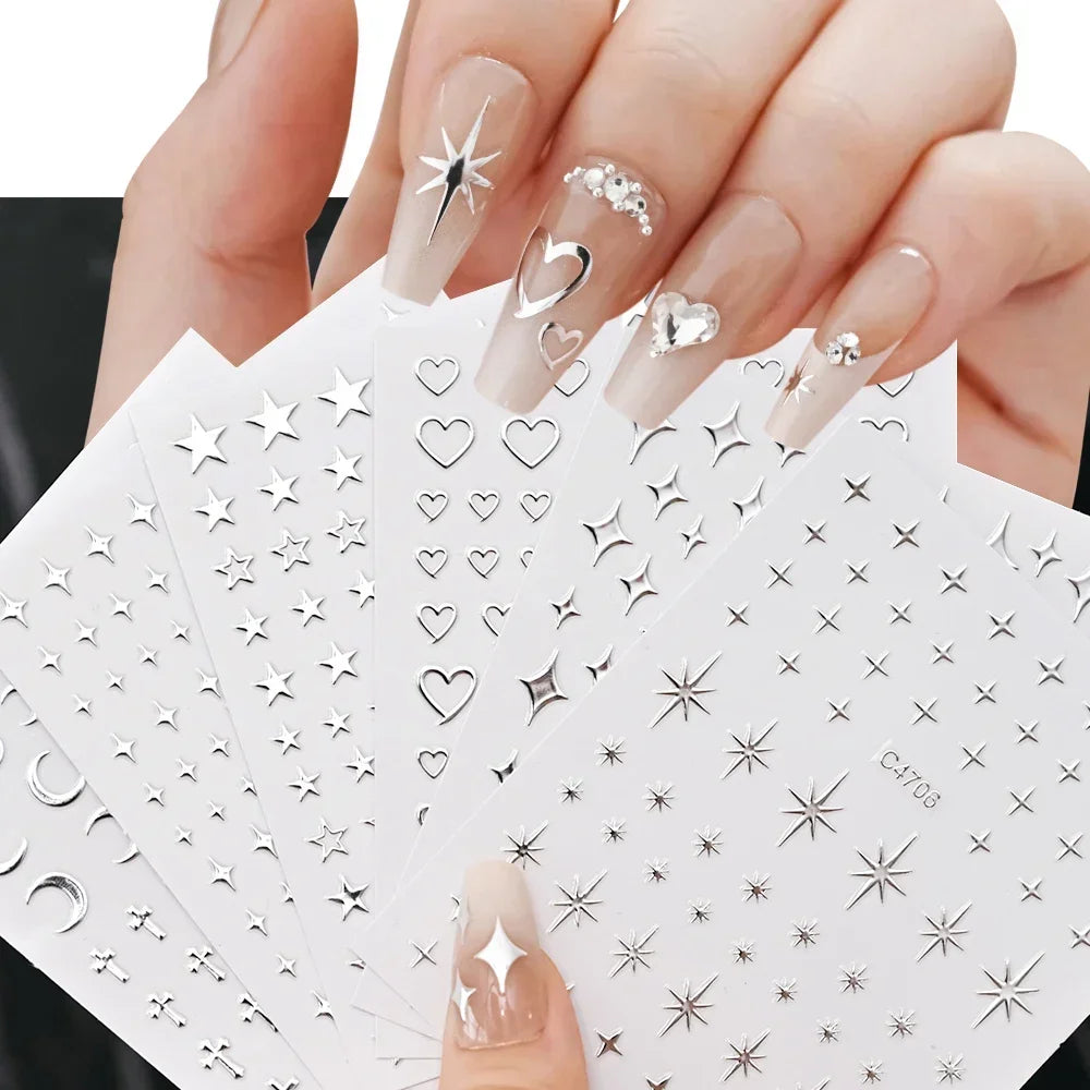 3D Silver Star & Heart Nail Stickers, 6 Sheets