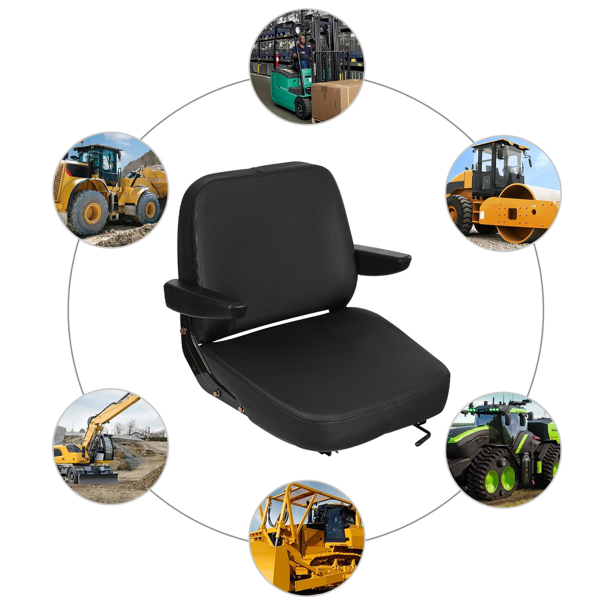 Forklift Seat with Armrest Universal Driver Side Tractor Seat Black Capacity 100kg Adjustable Bulldozer Lawnmower Seat