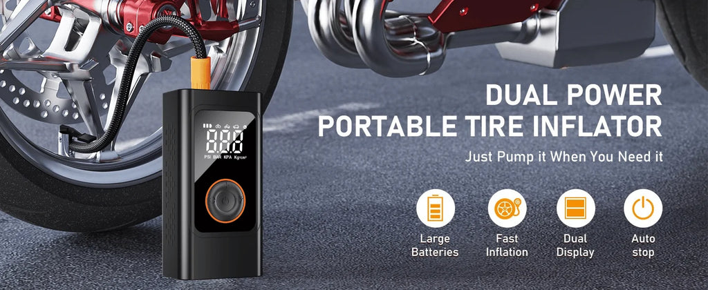 Portable Cordless Tire Inflator 150 PSI, Rechargeable Air Compressor with Digital Pressure Gauge, Fast Electric Air Pump for Car, Motorcycle, Bike and Emergency Roadside Inflation
